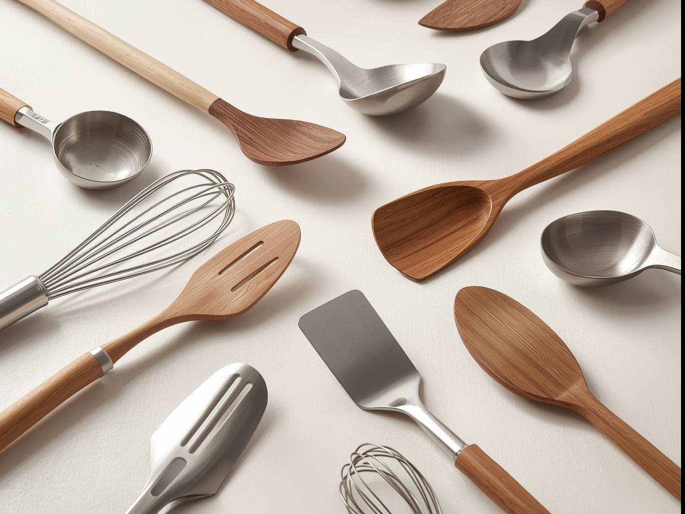 Silicone spatula, metal spatula, and wooden spoon laid out on a kitchen counter—silicone is heat resistant and safe for non-stick cookware